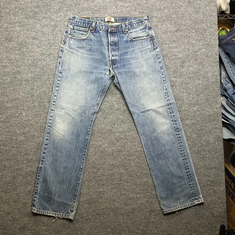 Levi's 501 Original Straight Fit Jeans Men's 35X31 Blue Denim Button Fly - Flaws